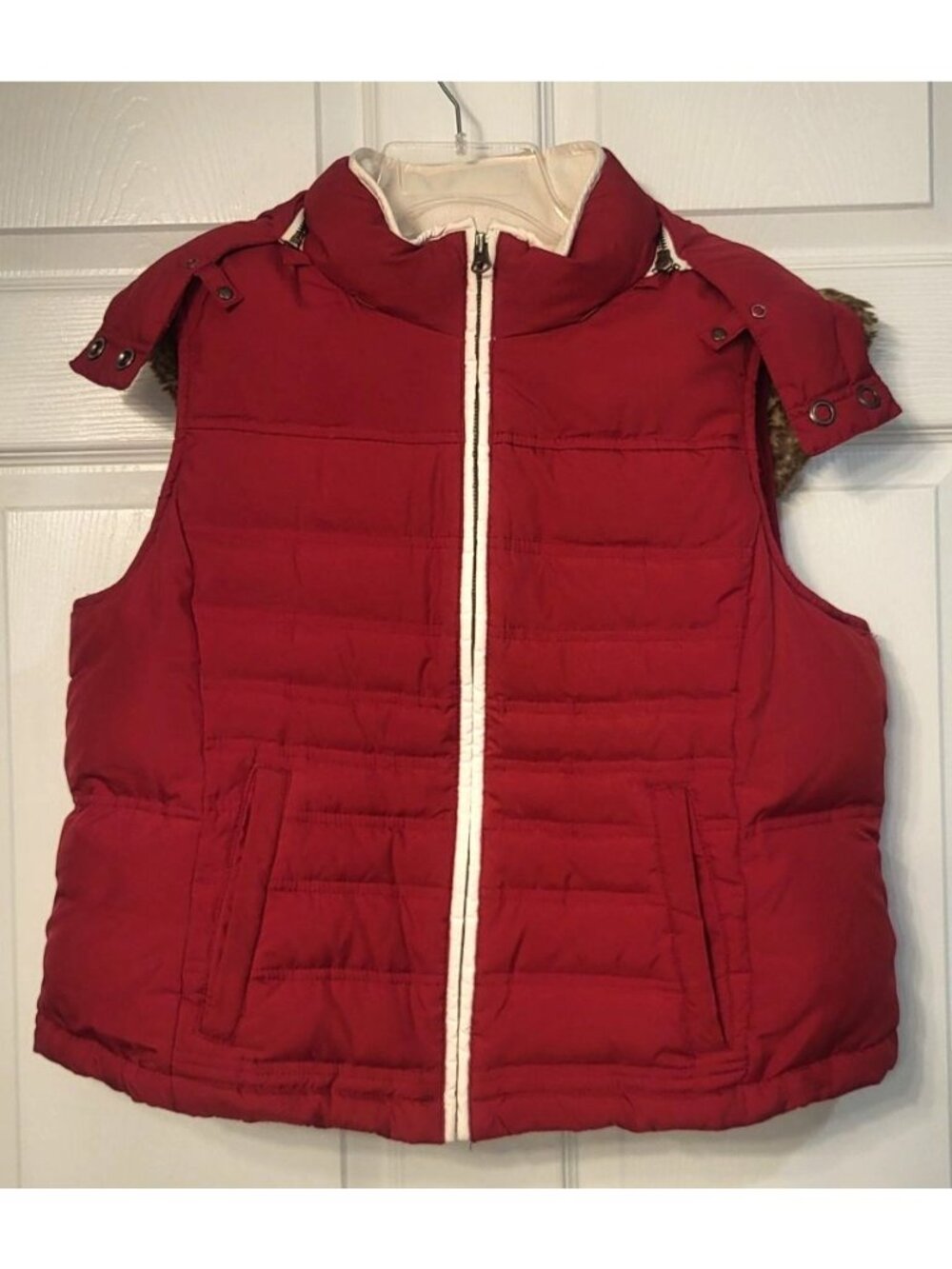 Ann Taylor Loft Women's Sz L Petites Red Quilted Puffer Vest Down Lined Fleece
